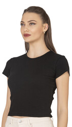 Özkan 27433 Kadın Crop Pamuklu Kaşkorse Esnek Rahat Bisiklet Yaka Kısa Kollu T-shirt Bluz - Thumbnail