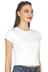 Özkan 27433 Kadın Crop Pamuklu Kaşkorse Esnek Rahat Bisiklet Yaka Kısa Kollu T-shirt Bluz - Thumbnail