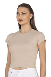 Özkan 27433 Kadın Crop Pamuklu Kaşkorse Esnek Rahat Bisiklet Yaka Kısa Kollu T-shirt Bluz - Thumbnail