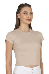 Özkan 27433 Kadın Crop Pamuklu Kaşkorse Esnek Rahat Bisiklet Yaka Kısa Kollu T-shirt Bluz - Thumbnail