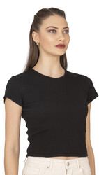 Özkan 27433 Kadın Crop Pamuklu Kaşkorse Esnek Rahat Bisiklet Yaka Kısa Kollu T-shirt Bluz - Thumbnail