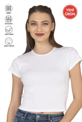 Özkan Underwear - Özkan 27433 Kadın Crop Pamuklu Kaşkorse Esnek Rahat Bisiklet Yaka Kısa Kollu T-shirt Bluz