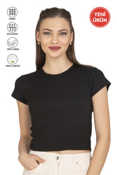 Özkan 27433 Kadın Crop Pamuklu Kaşkorse Esnek Rahat Bisiklet Yaka Kısa Kollu T-shirt Bluz - Thumbnail