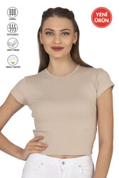Özkan 27433 Kadın Crop Pamuklu Kaşkorse Esnek Rahat Bisiklet Yaka Kısa Kollu T-shirt Bluz - Thumbnail