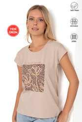 Özkan 27580 Kadın Kahve Vorteks Viskon Premium Kumaş Baskılı Kısa Kollu Örme Bluz - Thumbnail