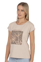 Özkan 27580 Kadın Kahve Vorteks Viskon Premium Kumaş Baskılı Kısa Kollu Örme Bluz - Thumbnail