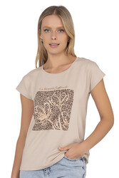 Özkan 27580 Kadın Kahve Vorteks Viskon Premium Kumaş Baskılı Kısa Kollu Örme Bluz - Thumbnail