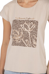 Özkan 27580 Kadın Kahve Vorteks Viskon Premium Kumaş Baskılı Kısa Kollu Örme Bluz - Thumbnail