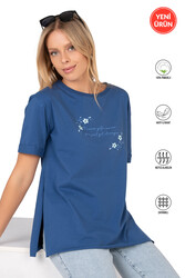 Özkan 27598 Kadın %100 Pamuklu Likrasız Süprem Penye Kumaş Kısa Kollu T-shirt Yırtmaç Detaylı Bisiklet Yaka - Thumbnail