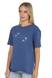 Özkan 27598 Kadın %100 Pamuklu Likrasız Süprem Penye Kumaş Kısa Kollu T-shirt Yırtmaç Detaylı Bisiklet Yaka - Thumbnail