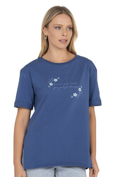 Özkan 27598 Kadın %100 Pamuklu Likrasız Süprem Penye Kumaş Kısa Kollu T-shirt Yırtmaç Detaylı Bisiklet Yaka - Thumbnail