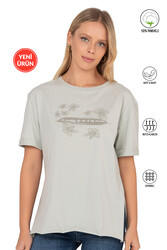 Özkan 27599 Kadın %100 Pamuklu Likrasız Süprem Penye Kumaş Bisiklet Yaka Kısa Kollu T-shirt - Thumbnail