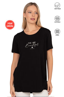 Özkan Underwear - Özkan 27600 Kadın Vorteks Viskon Premium Kumaş Yırtmaç Detaylı Likralı Kısa Kollu Bluz T-shirt