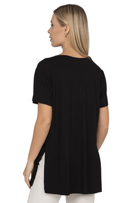 Özkan Underwear - Özkan 27600 Kadın Vorteks Viskon Premium Kumaş Yırtmaç Detaylı Likralı Kısa Kollu Bluz T-shirt (1)