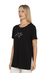 Özkan 27600 Kadın Vorteks Viskon Premium Kumaş Yırtmaç Detaylı Likralı Kısa Kollu Bluz T-shirt - Thumbnail