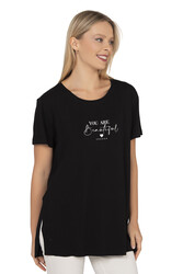 Özkan 27600 Kadın Vorteks Viskon Premium Kumaş Yırtmaç Detaylı Likralı Kısa Kollu Bluz T-shirt - Thumbnail