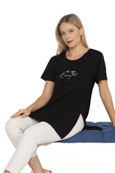 Özkan 27600 Kadın Vorteks Viskon Premium Kumaş Yırtmaç Detaylı Likralı Kısa Kollu Bluz T-shirt - Thumbnail