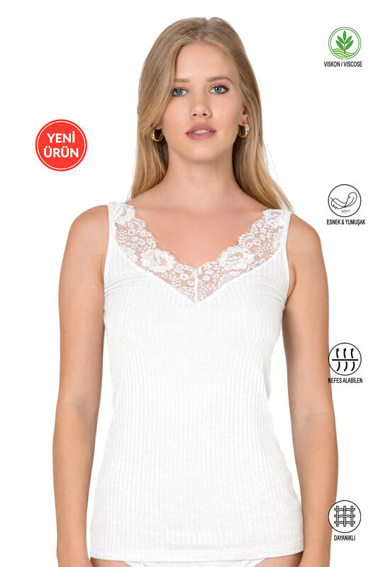 Özkan 27653 Kadın Premium Kumaş Viskon Kaşkorse Esnek Rahat Yakası Dantel Detaylı Atlet - 1