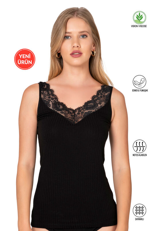 Özkan 27653 Kadın Premium Kumaş Viskon Kaşkorse Esnek Rahat Yakası Dantel Detaylı Atlet - 3