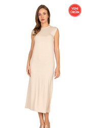 Özkan 27670 Kadın Viskon Premium Kumaş Uzun Boy Kapalı Yaka Tesettür Astar Kombinezon Sıfır Kol Elbise Jüpon - Thumbnail