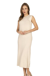 Özkan 27670 Kadın Viskon Premium Kumaş Uzun Boy Kapalı Yaka Tesettür Astar Kombinezon Sıfır Kol Elbise Jüpon - Thumbnail