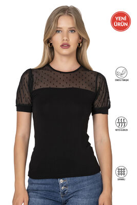 Özkan Underwear - Özkan 27680 Kadın Premium Kumaş Ring Viskon Kısa Kollu T-Shirt Bluz Bisiklet Yaka Tül Detaylı