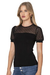 Özkan 27680 Kadın Premium Kumaş Ring Viskon Kısa Kollu T-Shirt Bluz Bisiklet Yaka Tül Detaylı - Thumbnail