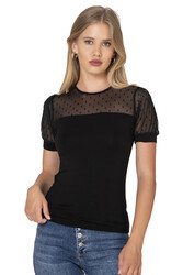 Özkan 27680 Kadın Premium Kumaş Ring Viskon Kısa Kollu T-Shirt Bluz Bisiklet Yaka Tül Detaylı - Thumbnail