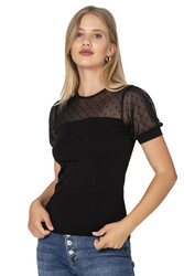Özkan 27680 Kadın Premium Kumaş Ring Viskon Kısa Kollu T-Shirt Bluz Bisiklet Yaka Tül Detaylı - Thumbnail