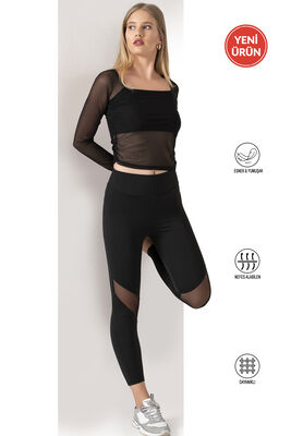 Özkan Underwear - Özkan 27720 Kadın Siyah İnterlok Kumaş Tül Detaylı Yüksek Bel Uzun Tayt Esnek Rahat