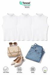 Özkan 27813 3'lü Paket Kadın Pamuklu Modal Esnek Rahat Karışık Renk Balıkçı Yaka Sıfır Kol T-Shirt - Thumbnail