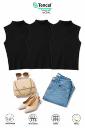 Özkan 27813 3'lü Paket Kadın Pamuklu Modal Esnek Rahat Karışık Renk Balıkçı Yaka Sıfır Kol T-Shirt - Thumbnail