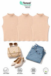 Özkan 27813 3'lü Paket Kadın Pamuklu Modal Esnek Rahat Karışık Renk Balıkçı Yaka Sıfır Kol T-Shirt - Thumbnail