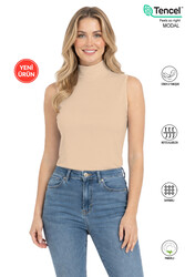 Özkan 27813 Kadın Premium Kumaş Pamuklu Modal Balıkçı Yaka Sıfır Kol Body T-Shirt Bluz - Thumbnail