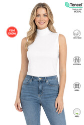 Özkan 27813 Kadın Premium Kumaş Pamuklu Modal Balıkçı Yaka Sıfır Kol Body T-Shirt Bluz - Thumbnail