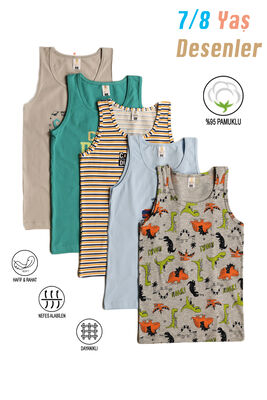 Özkan Underwear - Özkan 31800 5'li Paket Erkek Çocuk Karışık Renkli Desenli Pamuklu Yumuşak Rahat Kalın Askılı Atlet (1)