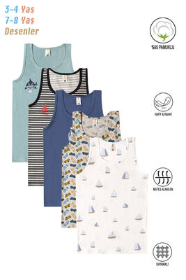 Özkan Underwear - Özkan 31800 5'li Paket Erkek Çocuk Karışık Renkli Desenli Pamuklu Yumuşak Rahat Kalın Askılı Atlet