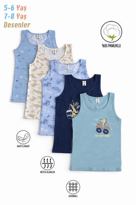 Özkan Underwear - Özkan 31800 5'li Paket Erkek Çocuk Karışık Renkli Desenli Pamuklu Yumuşak Rahat Kalın Askılı Atlet