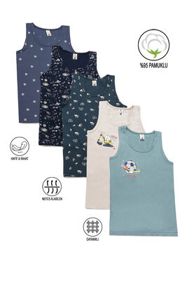 Özkan Underwear - Özkan 31800 5'li Paket Erkek Çocuk Karışık Renkli Desenli Pamuklu Yumuşak Rahat Kalın Askılı Atlet