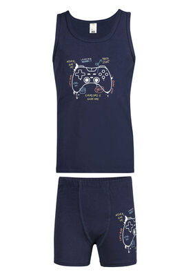 Özkan Underwear - Özkan 32032 Erkek Pamuklu Lacivert Kalın Askılı Atlet Şort İç Giyim Takım