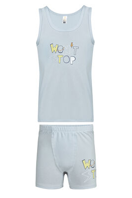 Özkan Underwear - Özkan 32034 Erkek Çocuk Pamuklu Mavi Kalın Askılı Atlet Şort İç Giyim Takım 