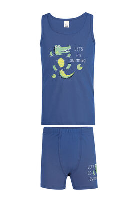 Özkan Underwear - Özkan 32044 Erkek Çocuk Pamuklu Mavi Kalın Askılı Atlet Şort İç Giyim Takım 