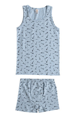 Özkan Underwear - Özkan 32046 Erkek Çocuk Pamuklu Desenli Likralı Süprem Esnek Rahat Kalın Askılı Atlet Şort İç Giyim Takım