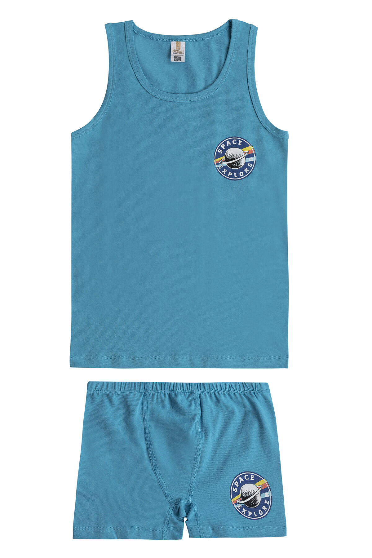 Özkan 32048 Erkek Çocuk Pamuklu Mavi Likralı Süprem Esnek Rahat Önü Baskılı Kalın Askılı Atlet Şort İç Giyim Takım