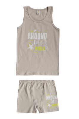 Özkan Underwear - Özkan 32056 Erkek Çocuk Pamuklu Gri Likralı Süprem Esnek Rahat Önü Baskılı Kalın Askılı Atlet Şort İç Giyim Takım