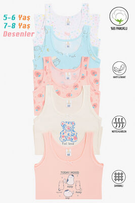 Özkan Underwear - Özkan 41600 5'li Paket Kız Çocuk Karışık Renkli Desenli Pamuklu Yumuşak Rahat Kalın Askılı Atlet (1)