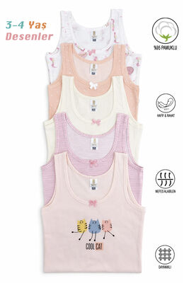 Özkan Underwear - Özkan 41600 5'li Paket Kız Çocuk Karışık Renkli Desenli Pamuklu Yumuşak Rahat Kalın Askılı Atlet