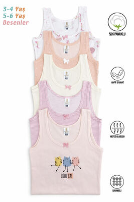 Özkan Underwear - Özkan 41600 5'li Paket Kız Çocuk Karışık Renkli Desenli Pamuklu Yumuşak Rahat Kalın Askılı Atlet