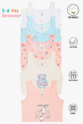 Özkan Underwear - Özkan 41600 5'li Paket Kız Çocuk Karışık Renkli Desenli Pamuklu Yumuşak Rahat Kalın Askılı Atlet (1)