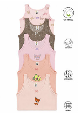 Özkan Underwear - Özkan 41600 5'li Paket Kız Çocuk Karışık Renkli Desenli Pamuklu Yumuşak Rahat Kalın Askılı Atlet